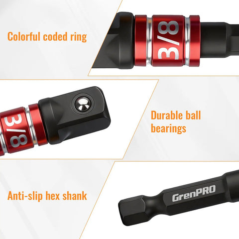 Close-up view of the Flexible Drill Bit Extension Set 4 Piece With 1/4 Inch 3/8 Inch 1/2 Inch Hex Shank Adapters And 105 Degree Right Angle Attachment For Impact Drivers At Home Shop And Industrial Jobs, highlighting anti-slip hex shank and colorful coded ring.