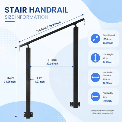 Adjustable Outdoor Stair Handrail Built Tough With Heavy Duty Galvanized Steel for secure porch and deck use, size info displayed.