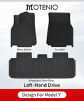 Hella Custom Fit TPE Floor Mats For Tesla Model Y 2020 To 2024 Waterproof Anti Slip Front And Rear Liners Dope Black, showing front and rear liners.