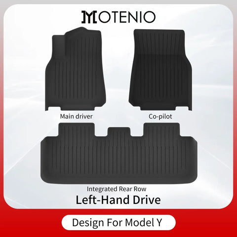 Hella Custom Fit TPE Floor Mats For Tesla Model Y 2020 To 2024 Waterproof Anti Slip Front And Rear Liners Dope Black, showing front and rear liners.