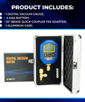 Hiatsu VMH-75 digital vacuum gauge kit in aluminum case; blue display gauge with brass fittings, foam-lined interior