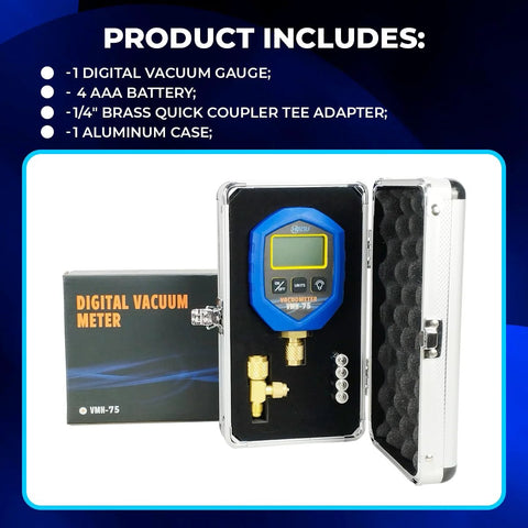Hiatsu VMH-75 digital vacuum gauge kit in aluminum case; blue display gauge with brass fittings, foam-lined interior