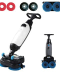 Workhorse 17 Inch Floor Polisher And Carpet Cleaner For Busy Commercial Spaces With 240 RPM Scrubber Three Gallon Tank Dual Brush Heads White Finish Ultra Lightweight 44 Lb Design Delivers 13 Thousand Square Feet Per Hour Coverage 360 Degree Head displayed with accessories.