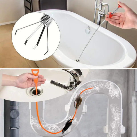Demonstration of using 4 Piece Drain Auger Set For Hair Clog Removal With Bendable Plastic And Stainless Steel Drain Snakes in tub and sink