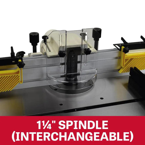 1¼" spindle on Shop Ready 5 HP Spindle Shaper With 230V Single Phase Motor Featuring Four Killer Speed Settings And A Sweet Cast Iron Worktable Plus Rock Solid Aluminum Fence Setup.