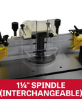 Heavy Duty 3HP Spindle Shaper With Variable Speed Settings and Rock Solid Cast Iron Table showing interchangeable 1¼" spindle and precision fence.