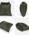 Four angles of Ultralight 5 Pack Waterproof Dry Bags Set for Backpacking Hiking Camping Boating in olive green fabric.