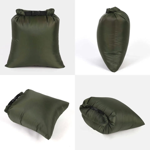 Four angles of Ultralight 5 Pack Waterproof Dry Bags Set for Backpacking Hiking Camping Boating in olive green fabric.