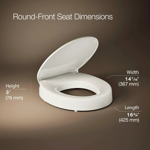 Image showing dimensions of Hyten 3 Inch Elevated Soft Close Round Toilet Seat With Contoured Comfort Grip Tight Bumpers Quick Attach Hardware Biscuit Finish Raised Height For Easy Access And Limited Mobility No Unsightly Riser.