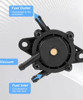 Top Shelf Heavy Duty Fuel Pump And Oil Hose Kit With Integrated Filter For Kohler Briggs Stratton showing fuel inlet and outlet.