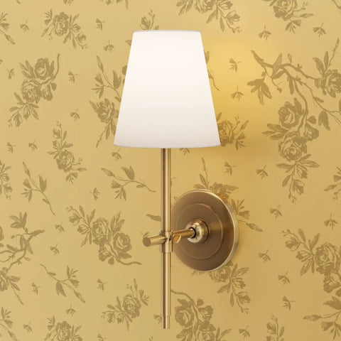 Straight Up Pink Vintage Floral Gold Metallic Wallpaper That Brings Major Style Points To Any Spot With Quick Paste Routine And Sustainable American Made Specs Type I Fire Safe Wallcovering Solid Finish with stylish wall sconce.