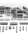 Woodruff Key Stock Assortment In Carbon Steel For Round Ended Feather Keys Parallel Drive And Square Shaft Keyways For Fasteners In Mechanical Industry 180 Pieces Easy Install Pro Grade Shop Ready, displayed in a compartmentalized storage box with various key shapes and sizes.