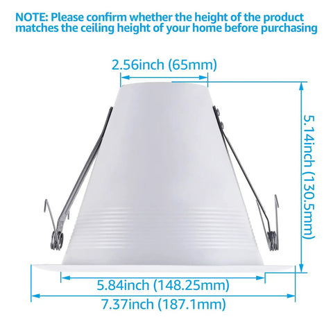Side view dimensions of 6 Inch Recessed Can Light Trim Pack Of 6 Air Tight IC Rated Self Flanged Baffle Anti Glare White Trim