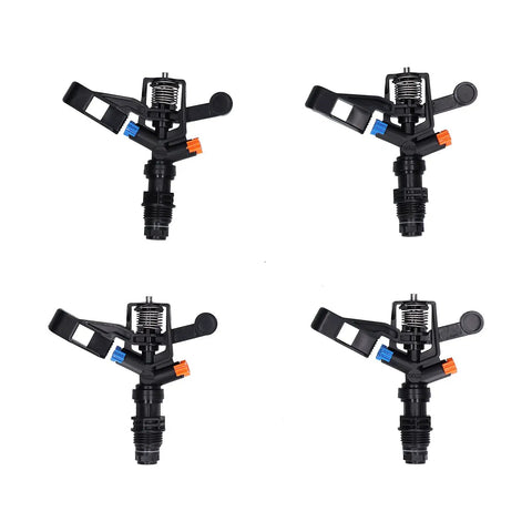 Four black 360° plastic sprinklers, 1/2 inch male thread, part of 10 Pack One Half Inch Male Thread 360 Degree Sprinkler Heads For Lawn Garden Irrigation.