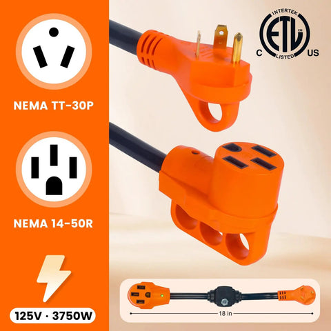 30 Amp To 50 Amp RV Adapter With Built In Circuit Breaker Not For EVs TT30P To 1450R LED Power Indicator 18 Inch Dogbone Cord