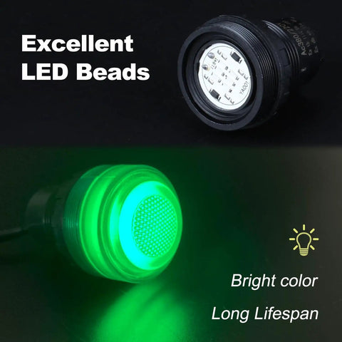 Two Pack 30mm Anti-Vandal and Anti-Corrosion Power Indicator Light for Panels, green LED close-up with bright visible glow