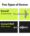 Two types of screws, drywall anchor and plastic anchor, displayed with descriptions on green and black backgrounds.
