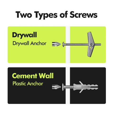 Two types of screws, drywall anchor and plastic anchor, displayed with descriptions on green and black backgrounds.
