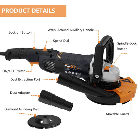 5 Inch Concrete Surfacing Grinder With 1500W Motor showing lock-off button, auxiliary handle, and parts