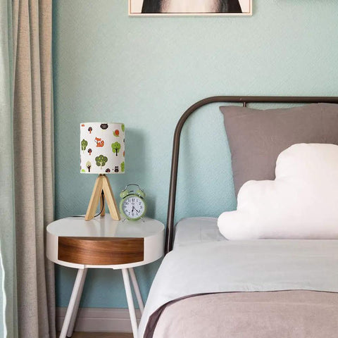 Tripod Table Lamp For Kids Bedroom Nightstand With Kid Friendly Cartoon Linen Lampshade, Wood Tripod Base on white table