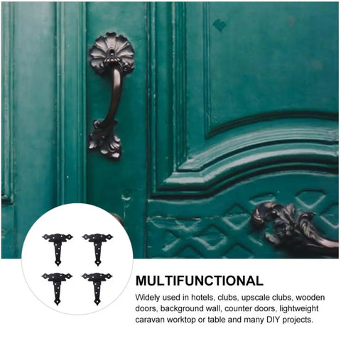 Four Pack Heavy Duty T Format Door Hinges Built Like A Tank For Shed Or Barn Gates Rock Solid Matte Finish displayed on a teal door.