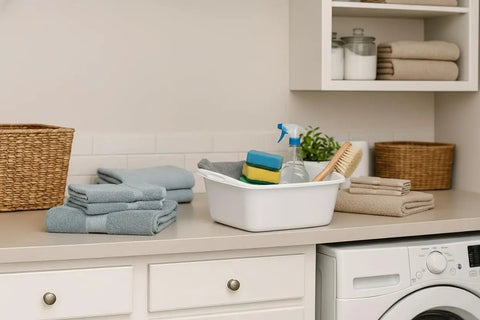 Heavy Duty White 12 Quart Plastic Dishpan Wash Tub For Soaking Feet, Laundry, Hand Washing And Storage on laundry counter