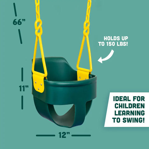 High Back Full Bucket Toddler Swing Seat With Finger Grip And No Pinch Plastic Coated Chains And Carabiners in green