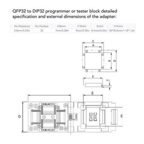 QFP32 to DIP32 programming socket schematic with dimensions, showing 2.54mm pitch PCB layout and durable pin interface details.