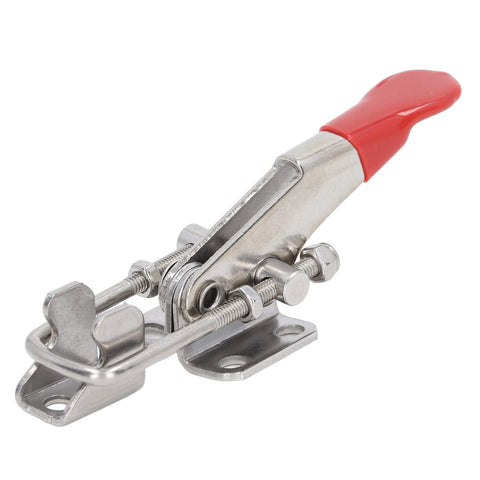 Heavy Duty Toggle Clamp Pull Latches 2 Pack Set, Adjustable Stainless Steel, 400lbs Capacity with red handle shown on white background