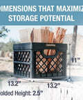 Heavy Duty Collapsible Milk Crate 25L Six Point Six Gal, Foldable Storage Crate holding firewood, outdoor setting, dimensions shown