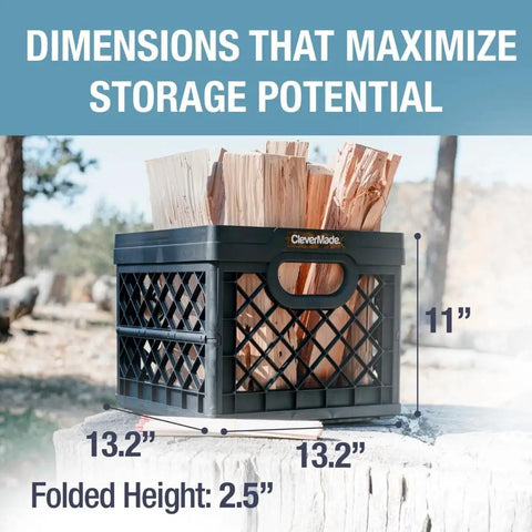 Heavy Duty Collapsible Milk Crate 25L Six Point Six Gal, Foldable Storage Crate holding firewood, outdoor setting, dimensions shown