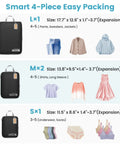 Four Pack Compression Packing Cubes For Travel Lightweight Expandable Luggage Organizers Space Saver For Carry On Suitcases Keep Your Threads Neat And Wrinkle Free Black, showing sizes L, M, S for different clothing types.