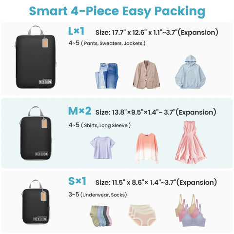 Four Pack Compression Packing Cubes For Travel Lightweight Expandable Luggage Organizers Space Saver For Carry On Suitcases Keep Your Threads Neat And Wrinkle Free Black, showing sizes L, M, S for different clothing types.