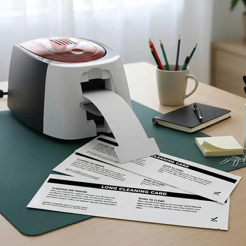 Heavy Duty Ten Pack T Shaped Pre Saturated Cleaning Cards For Magicard And Matica ID Printers on a desk with a printer.