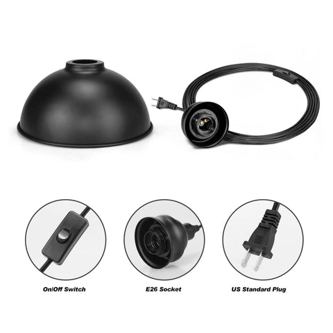 Premium Plug In Pendant Light With Fifteen Foot Drop Cord And Straight Up Smooth Switch components including black shade, E26 socket, on/off switch, and standard plug.
