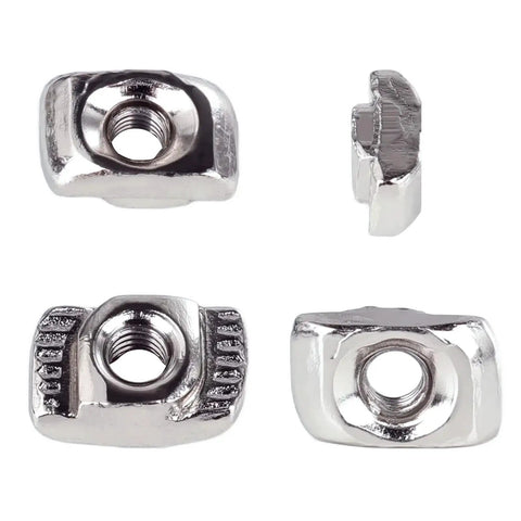 Tough As Nails Hammer Head T Slot Nuts For 2020 Aluminum Extrusion Frames M5 Drop In Fasteners Rust Proof Carbon Steel Hardware No Sweat Frame Ups Solid Grip 50 Piece Kit, showing multiple angles of a hammer head T slot nut.