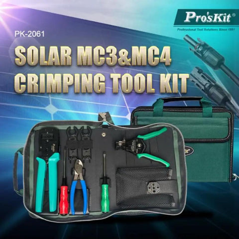 Open case of Solar MC3 And MC4 Crimping Tool Kit With Parallel Action Quick Grip Handles Interchangeable Die Adapters