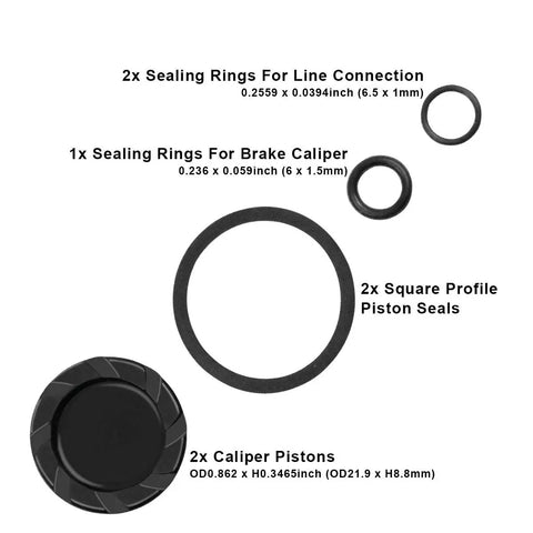 Pro Grade Ceramic Double Piston Hydraulic Brake Caliper Piston Repair Kit components, including OD21.9xH8.8mm pistons and seals.