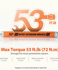 Offset Extension Wrench With Zero Degree Swing For Tight Spaces, 15.4 Inch Length, 53 Ft-Lb Torque, 3/8 Inch Drive Chain Driven Socket Extender, Includes 1/4 Inch, 3/8 Inch, And 1/2 Inch Adapters For Behind Block And Engine Bay Access. 53 ft-lb torque graphic