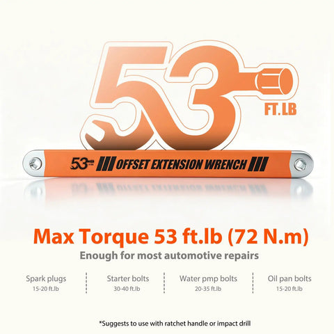 Offset Extension Wrench With Zero Degree Swing For Tight Spaces, 15.4 Inch Length, 53 Ft-Lb Torque, 3/8 Inch Drive Chain Driven Socket Extender, Includes 1/4 Inch, 3/8 Inch, And 1/2 Inch Adapters For Behind Block And Engine Bay Access. 53 ft-lb torque graphic