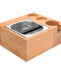 Top Shelf Wooden Tamper Holder Station For 58mm Portafilter with steel insert and side compartments for barista tools.