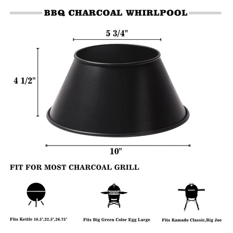 Double Rolled Edge One Piece Grill Shield for Weber Smokey Mountain, fits 22-26.75 inch kettle grills, black conical design with dimensions.