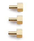 Heavy Duty 3/8 Inch Barb To 3/8 Female Npt Brass Fitting Set includes three gold brass hose adapters for plumbing.