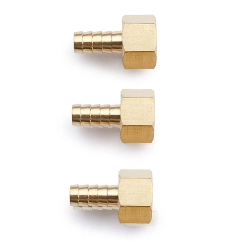 Heavy Duty 3/8 Inch Barb To 3/8 Female Npt Brass Fitting Set includes three gold brass hose adapters for plumbing.
