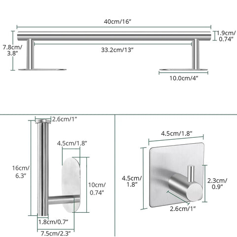 Self Adhesive Bathroom Hardware Set With 16 Inch Towel Bar Toilet Paper Holder And 3 Towel Hooks SUS304 Stainless Steel Wall Mount No Drill Stick On Kit