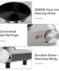 1500W Electric Hot Plate Single Burner With Quick Heat Up, Adjustable Temperature Control, stainless steel details