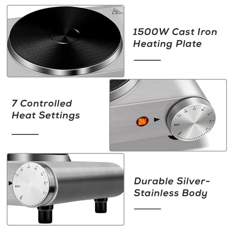 1500W Electric Hot Plate Single Burner With Quick Heat Up, Adjustable Temperature Control, stainless steel details