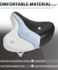 Extra Wide Comfort Bike Seat for Men and Women with Memory Foam Cushioned Saddle and Ergonomic Design for Pain Relief features