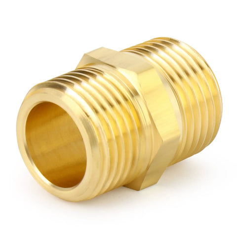 Half Inch NPT Brass Pipe Fitting Kit 12 Pack With Six Male Hex Nipples And Six Female Hex Couplings Thread Adapters For Plumbing Projects Built To Last Pro Grade Durable Corrosion Resistant DIY Ready brass male hex nipple close-up