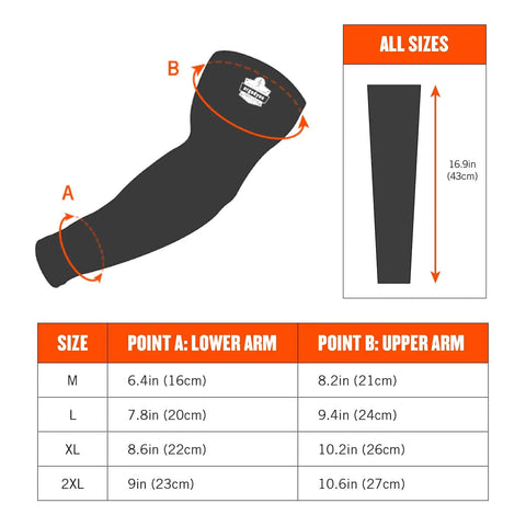 6690 Cooling Arm Sleeves With Performance Knit Lime XX Large Pair size chart with dimensions and fit guide for all sizes.